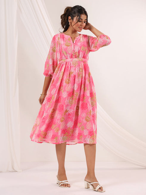 Janasya Women's Pink Georgette Floral Printed A-line Dress